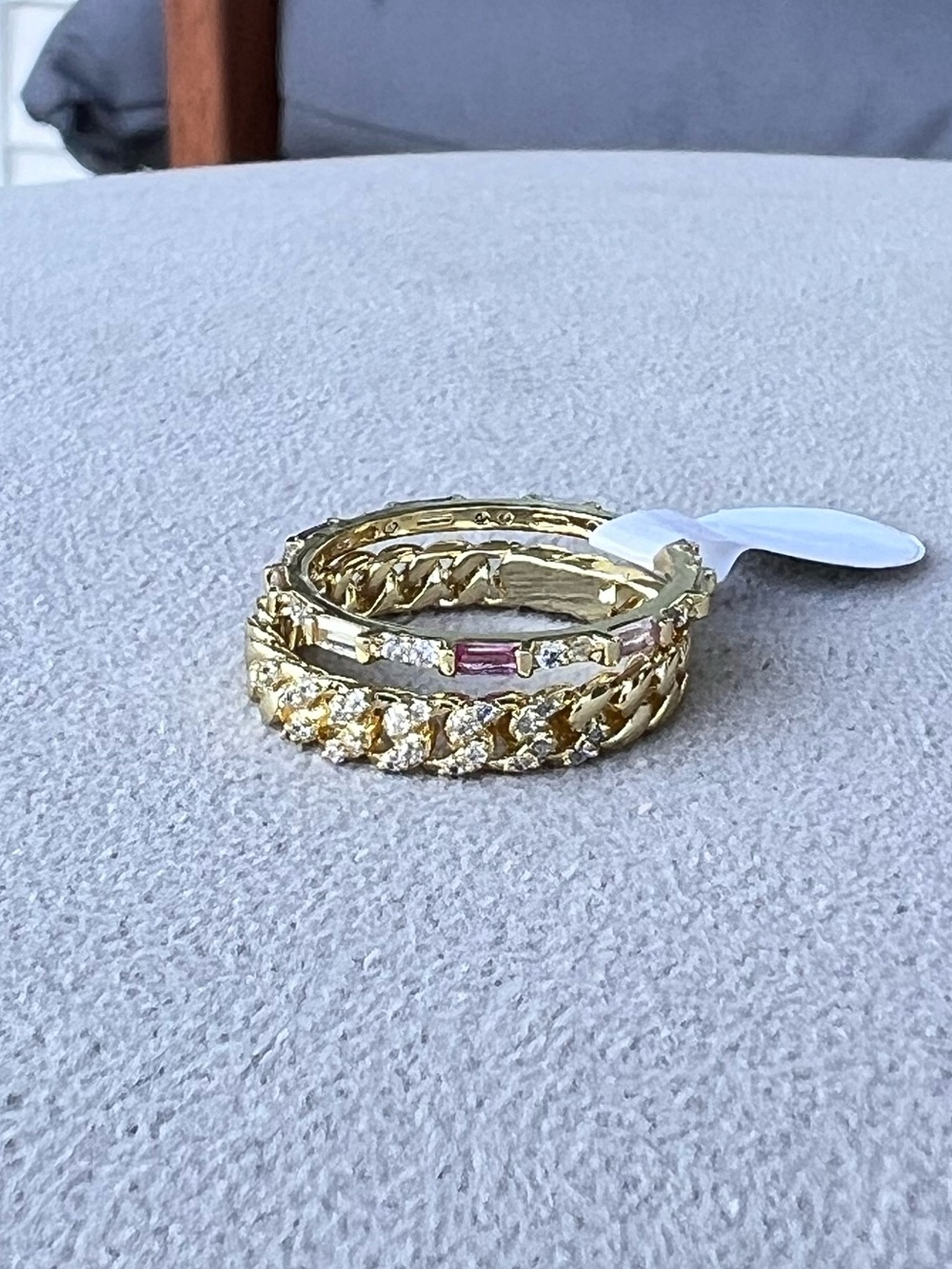 Gold Filled Stackable CZ Cuban Design and Multi-Color Baguette Ring Set Size 7